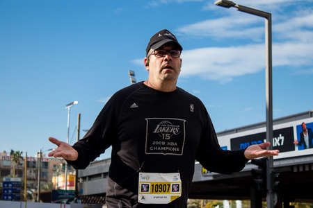Tel Aviv, Israel - February 25, 2022 Runners in the street of Tel Aviv at the Samsung Marathon which...