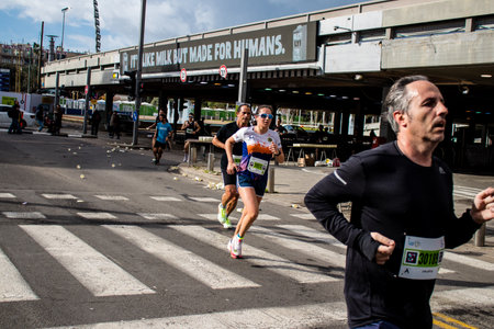 Tel Aviv, Israel - February 25, 2022 Runners in the street of Tel Aviv at the Samsung Marathon which...