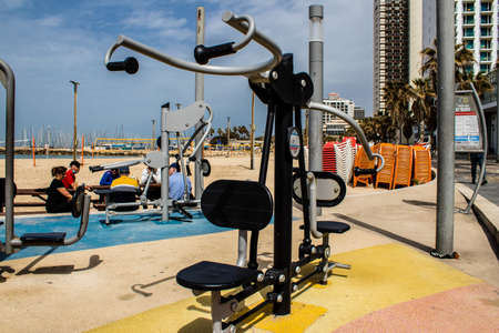 Tel Aviv, Israel - March 06, 2022 Safety and sports facilities on the main beach of Tel Aviv in Israel, the white sand beaches receive visitors from all over Israel, but also from all over the worldのeditorial素材