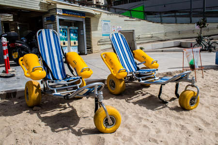 Tel Aviv, Israel - March 06, 2022 Safety and sports facilities on the main beach of Tel Aviv in Israel, the white sand beaches receive visitors from all over Israel, but also from all over the worldのeditorial素材