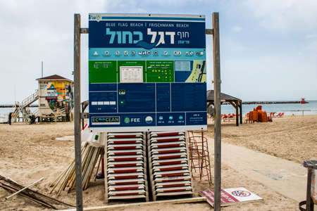 Tel Aviv, Israel - March 06, 2022 Safety and sports facilities on the main beach of Tel Aviv in Israel, the white sand beaches receive visitors from all over Israel, but also from all over the worldのeditorial素材