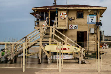 Tel Aviv, Israel - March 06, 2022 Safety and sports facilities on the main beach of Tel Aviv in Israel, the white sand beaches receive visitors from all over Israel, but also from all over the worldのeditorial素材