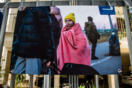 Tel Aviv, Israel - April 05, 2022 Photographs exhibition of the war in Ukraine on the exterior...