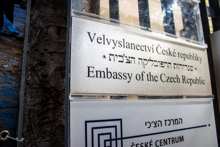 Tel Aviv, Israel - April 05, 2022 Photographs exhibition of the war in Ukraine on the exterior facade of the Embassy of Czechoslovakia in Tel Aviv by Lenka Klicperova and David Neff, war photographersのeditorial素材