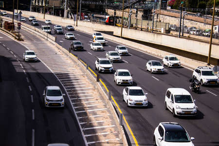 Tel Aviv, Israel - April 11, 2022 Heavy traffic jam on the Ayalon highway in Tel Aviv due to construction works, the white city is one of the five most congested cities in the worldのeditorial素材