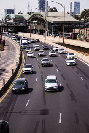 Tel Aviv, Israel - April 11, 2022 Heavy traffic jam on the Ayalon highway in Tel Aviv due to construction works, the white city is one of the five most congested cities in the worldのeditorial素材