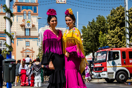 Seville, Spain - May 01, 2022 Sevillians dressed in the traditional Andalusian way riding in a horse drawn carriage through the aisles of the Feria de Sevilla, the most famous festival in Spainのeditorial素材