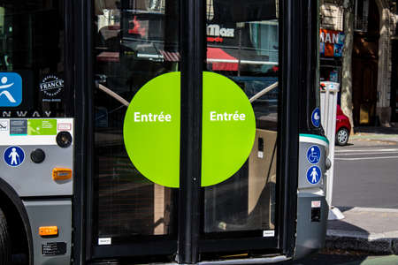 Paris, France - May 21, 2022 Bus driving through the streets of Paris during the coronavirus...