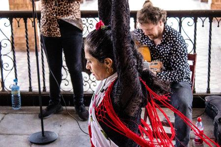 Seville, Spain - May 21, 2022 Flamenco dancers performing in the streets of Seville during the coronavirus outbreak hitting Spainのeditorial素材