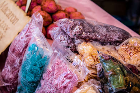 Reims, France - May 28, 2022 Artisan stall selling their wares at the medieval market during the Johanniques festivities, back after a two year hiatus following coronavirus outbreakのeditorial素材