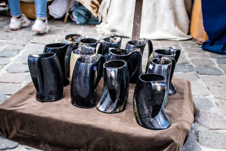 Reims, France - May 28, 2022 Artisan stall selling their wares at the medieval market during the Johanniques festivities, back after a two year hiatus following coronavirus outbreakのeditorial素材