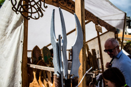 Reims, France - May 28, 2022 Artisan stall selling their wares at the medieval market during the Johanniques festivities, back after a two year hiatus following coronavirus outbreakのeditorial素材