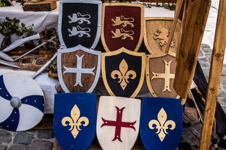 Reims, France - May 28, 2022 Artisan stall selling their wares at the medieval market during the Johanniques festivities, back after a two year hiatus following coronavirus outbreakのeditorial素材