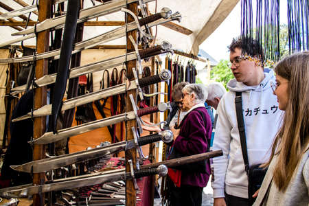 Reims, France - May 28, 2022 Artisan stall selling their wares at the medieval market during the...