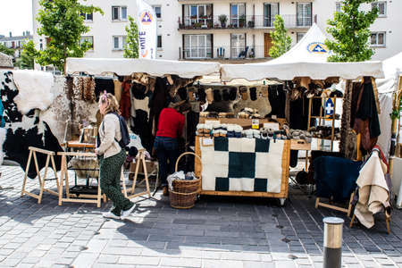 Reims, France - May 28, 2022 Artisan stall selling their wares at the medieval market during the Johanniques festivities, back after a two year hiatus following coronavirus outbreakのeditorial素材