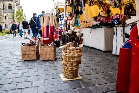 Reims, France - May 28, 2022 Artisan stall selling their wares at the medieval market during the Johanniques festivities, back after a two year hiatus following coronavirus outbreakのeditorial素材