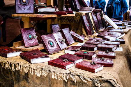 Reims, France - May 28, 2022 Artisan stall selling their wares at the medieval market during the Johanniques festivities, back after a two year hiatus following coronavirus outbreakのeditorial素材