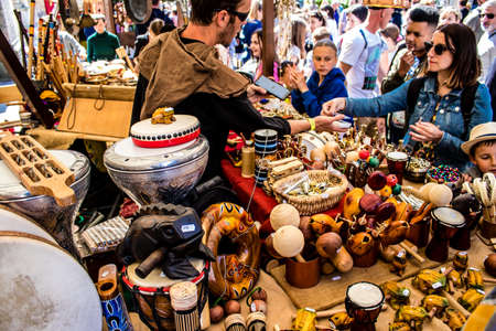 Reims, France - May 28, 2022 Artisan stall selling their wares at the medieval market during the...