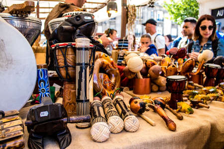 Reims, France - May 28, 2022 Artisan stall selling their wares at the medieval market during the Johanniques festivities, back after a two year hiatus following coronavirus outbreakのeditorial素材