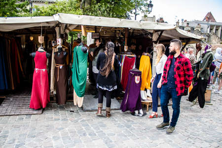 Reims, France - May 28, 2022 Artisan stall selling their wares at the medieval market during the Johanniques festivities, back after a two year hiatus following coronavirus outbreakのeditorial素材
