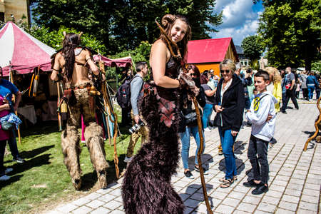 Reims, France - May 28, 2022 Street show and historical reconstruction which transports visitors to the heart of the Middle Ages during the Johanniques festivities which take place in the city of Reimsのeditorial素材