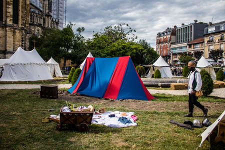 Reims, France - May 28, 2022 Street show and historical reconstruction which transports visitors to the heart of the Middle Ages during the Johanniques festivities which take place in the city of Reimsのeditorial素材
