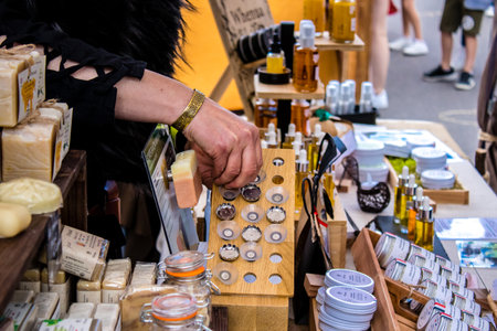 Reims, France - May 28, 2022 Visitors wandering the aisles of the medieval market during Johanniques festivities, this event is back after a two-year hiatus following the coronavirus outbreakのeditorial素材