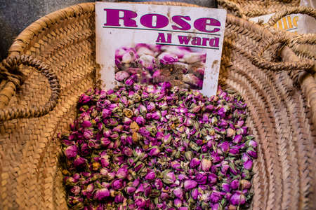 Fez, Morocco - June 15, 2022 Oriental products, essential oils, creams and spices sold in the souk of Fez located in the medina where traditional Arab markets that offer all kinds of productsのeditorial素材