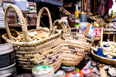 Fez, Morocco - June 15, 2022 Oriental products, essential oils, creams and spices sold in the souk of Fez located in the medina where traditional Arab markets that offer all kinds of productsのeditorial素材