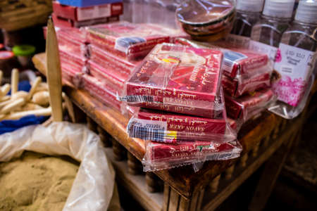 Fez, Morocco - June 15, 2022 Oriental products, essential oils, creams and spices sold in the souk of Fez located in the medina where traditional Arab markets that offer all kinds of productsのeditorial素材
