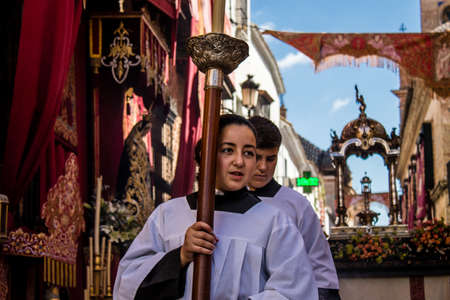 Carmona, Spain - June 19, 2022 Corpus Christi de Carmona, religious procession through the streets...
