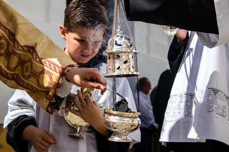 Carmona, Spain - June 19, 2022 Corpus Christi of Carmona, religious procession through the streets...