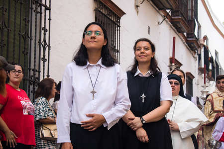 Carmona, Spain - June 19, 2022 Corpus Christi of Carmona, religious procession through the streets...