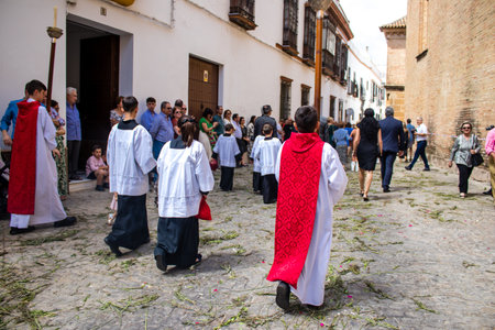 Carmona, Spain - June 19, 2022 Corpus Christi of Carmona, religious procession through the streets...