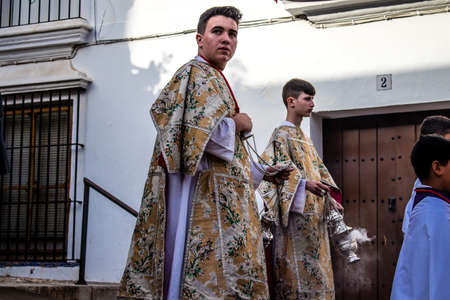Carmona, Spain - June 18, 2022 Corpus Christi of Carmona, Religious procession in the streets,...