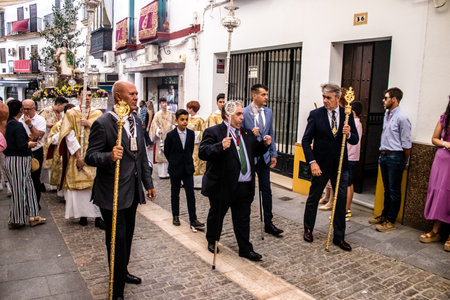 Carmona, Spain - June 18, 2022 Corpus Christi of Carmona, Religious procession in the streets,...
