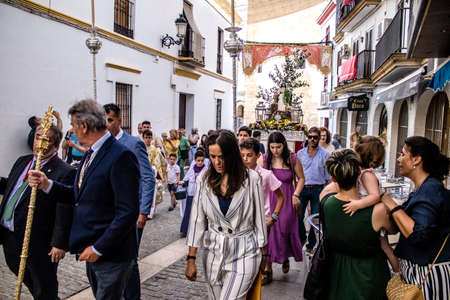 Carmona, Spain - June 18, 2022 Corpus Christi of Carmona, Religious procession in the streets,...