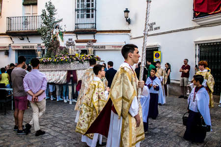 Carmona, Spain - June 18, 2022 Corpus Christi of Carmona, Religious procession in the streets,...