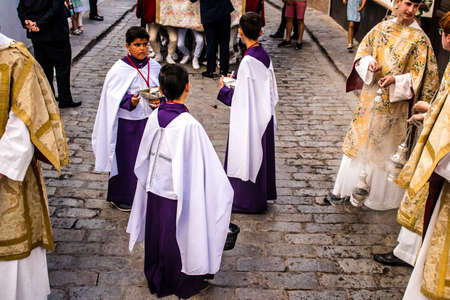 Carmona, Spain - June 18, 2022 Corpus Christi of Carmona, Religious procession in the streets,...