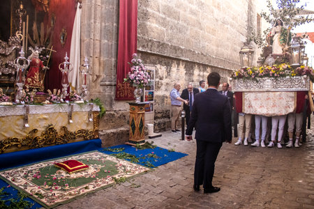 Carmona, Spain - June 18, 2022 Corpus Christi of Carmona, Religious procession in the streets,...