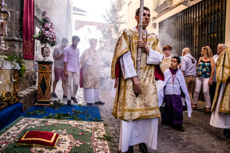 Carmona, Spain - June 18, 2022 Corpus Christi of Carmona, Religious procession in the streets,...