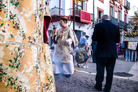 Carmona, Spain - June 18, 2022 Corpus Christi of Carmona, Religious procession in the streets,...