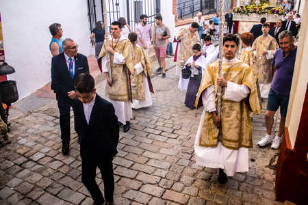 Carmona, Spain - June 18, 2022 Corpus Christi of Carmona, Religious procession in the streets,...