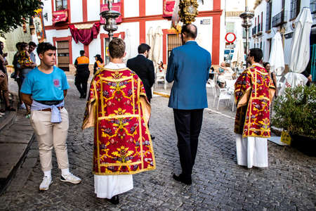 Carmona, Spain - June 18, 2022 Corpus Christi of Carmona, Religious procession in the streets,...