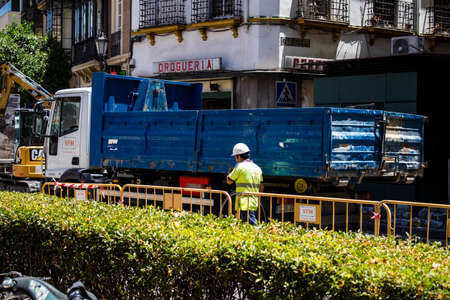 Seville, Spain - July 04, 2022 Construction area in the city center of Seville, an emblematic city...