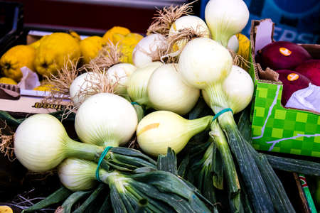 Seville, Spain - July 04, 2022 Vegetables and fruits sold at the Triana market in Seville during the coronavirus outbreak hitting Spain, wearing a mask is mandatoryのeditorial素材