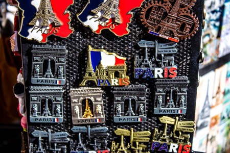 Paris, France - September 14, 2022 Decorative objects and various gift sold in a souvenir shop,...