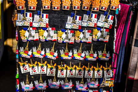 Paris, France - September 14, 2022 Decorative objects and various gift sold in a souvenir shop, tourists take home typical French and Parisian object, the objects are mainly made in France and Europeのeditorial素材