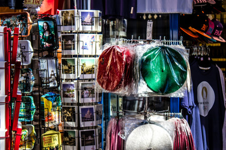 Paris, France - September 14, 2022 Decorative objects and various gift sold in a souvenir shop, tourists take home typical French and Parisian object, the objects are mainly made in France and Europeのeditorial素材