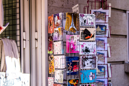 Paris, France - September 14, 2022 Decorative objects and various gift sold in a souvenir shop, tourists take home typical French and Parisian object, the objects are mainly made in France and Europeのeditorial素材